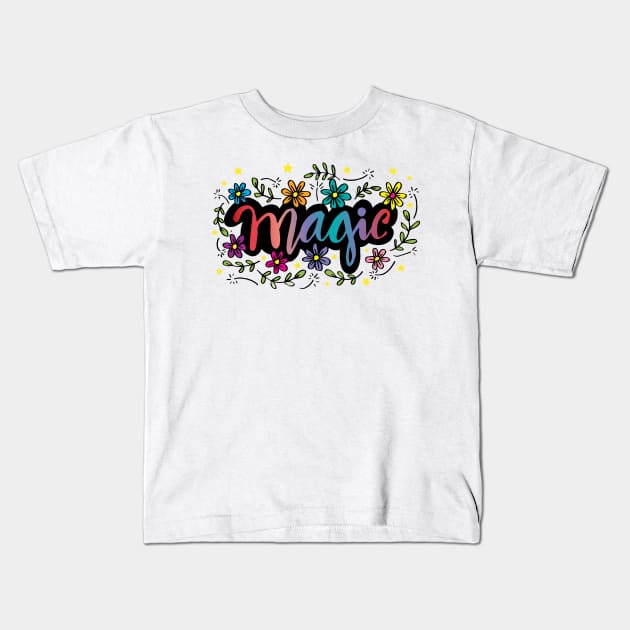 Magic hand lettering with floral. Kids T-Shirt by Handini _Atmodiwiryo